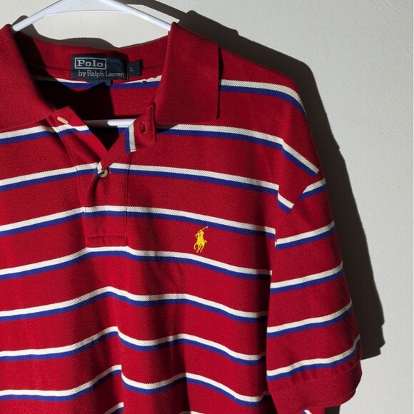 Polo Ralph Lauren Red Striped Yellow Pony Logo Polo Shirt Men's Size Large - Picture 2 of 6